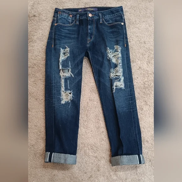 Ed Hardy Blue Dark Wash Ripped Boyfriend Denim Jeans Women's 32x30 SUPERB CONDIT - Picture 1 of 12